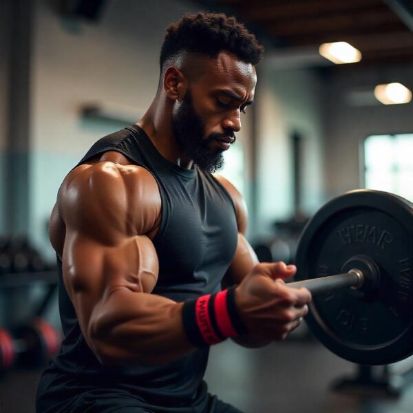 Muñequeras Deportivas, marca gym yang, usándola un deportista en un gimnasio